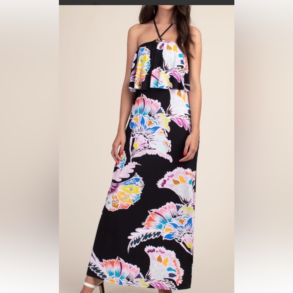 NWT Trina Turk Black Maxi Dress with Vibrant Floral Patterns